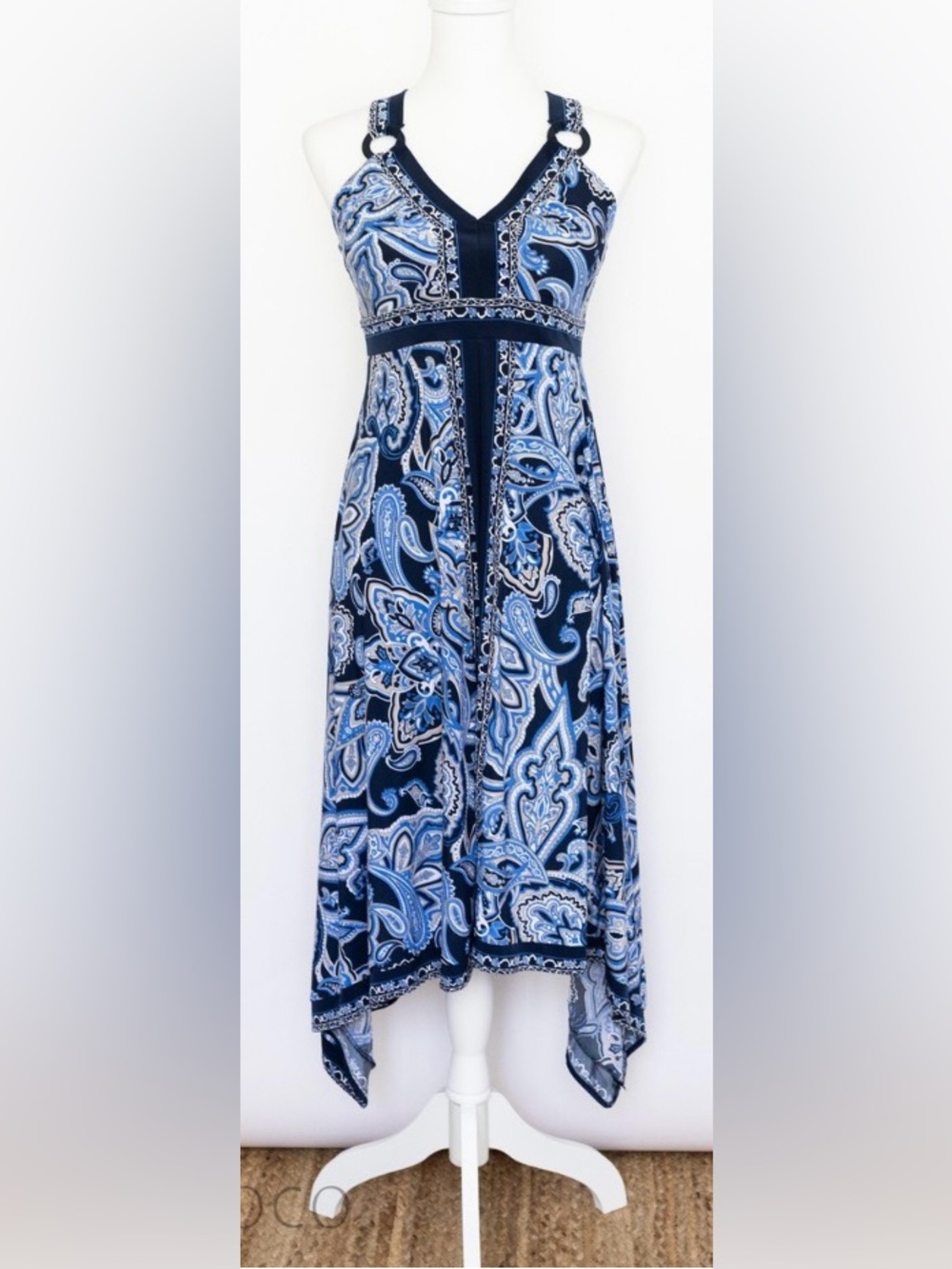 Inc Small handkerchief hem blue paisley dress. Cross back.